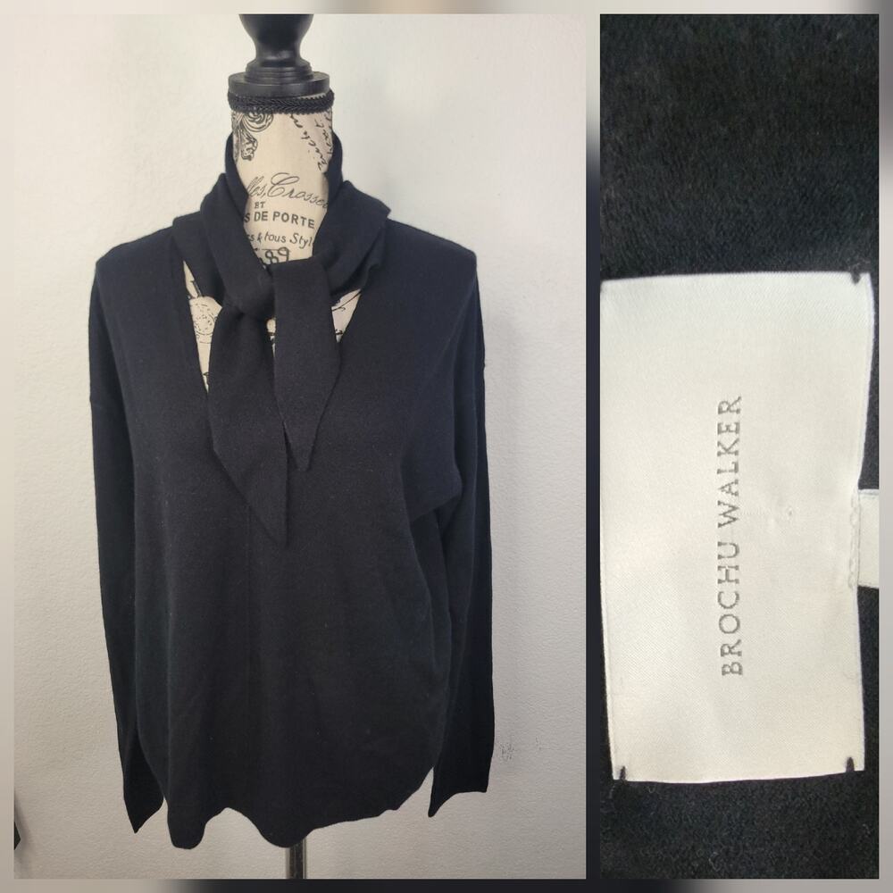 Brochu Walker Tie Neck Wrap Sweater SZ M Wool Cashmere Black Office ZHE3918